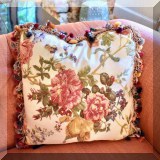 DN02. One of a pair of beaded floral throw pillows. 